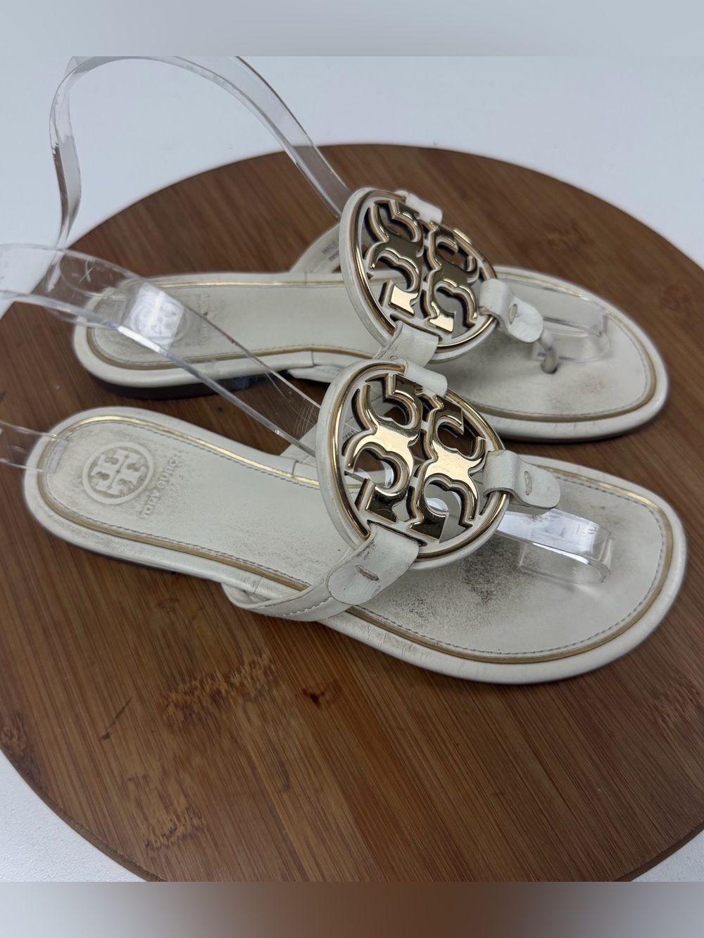 Tory Burch Ivory Leather Logo Thong Sandals with Gold Emblem